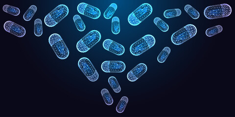 Futuristic biotech and pharmaceutical concept with floating glowing capsules on dark background. 