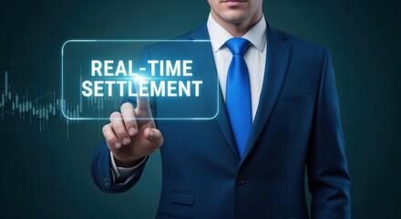 Real Time Settlement Concept: Businessman Touching Virtual Screen Displaying Financial Data and Automated Payment System