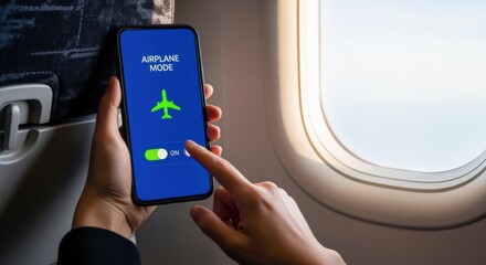 Person activates airplane mode on a mobile phone during flight, showcasing connectivity settings and travel preparation
