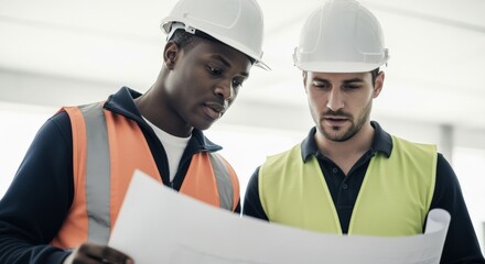 Two Construction Workers Reviewing Blueprints on a Job Site, Wearing Hard Hats and Safety Vests