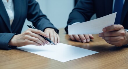 Obraz premium Business Professionals Reviewing Contract Documents and Signing Agreements at a Desk in a Modern Office