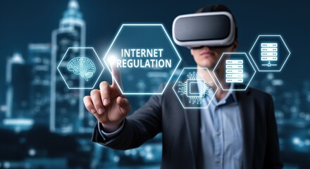 Virtual Reality User Navigating Internet Regulation in Metaverse, Futuristic Concept of Digital Compliance