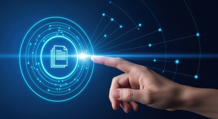 Futuristic interface with document icon, human hand interacting with digital data, illustrating technology and innovation