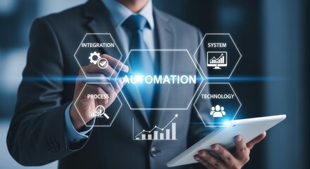 Business professional implementing automation solutions with digital interface representing process optimization and system technology advancement