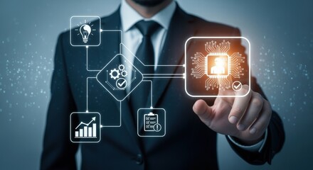 Businessman Activating Artificial Intelligence Interface for Business Automation and Efficiency, Touching Modern Technology