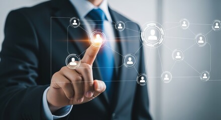 Businessman touches virtual interface displaying network of people, illustrating global connection and business teamwork