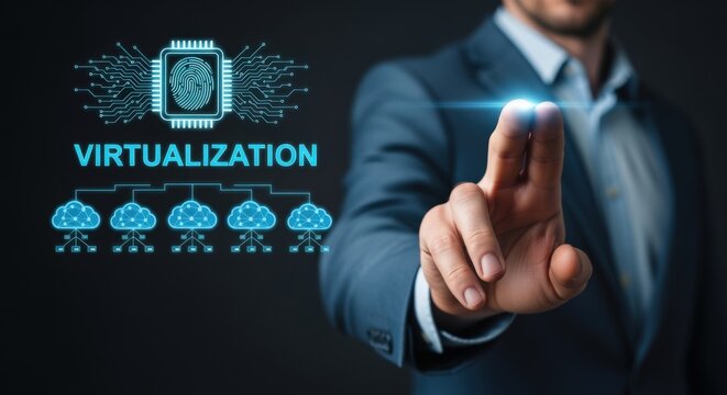 Virtualization Technology Concept: Businessman touching holographic interface with cloud computing for digital transformation and innovation - Powered by Adobe