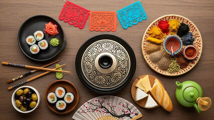 A diverse collection of international dishes and cultural items beautifully arranged on a wooden table.