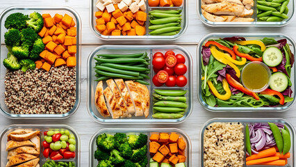 Numerous transparent containers filled with carefully portioned healthy meal prep for a week's diet.