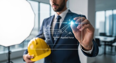 Engineer analyzing technical drawing on holographic interface, modern office background, showcasing innovation and technological advancement