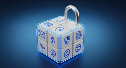 Data security cube with padlock, symbolizing protection of digital information and systems in cybersecurity concept