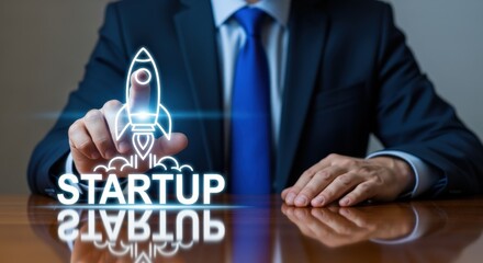 Businessman launching startup with innovative digital rocket. Concept for new business and entrepreneurship success.