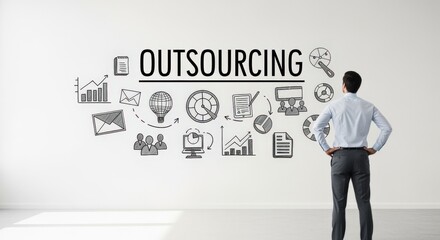 Man Standing Before Wall with Business Concept Doodles, Illustrating Strategy, Delegation, and Efficient Business Management