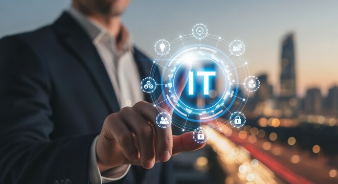 Information Technology Solutions: Businessman Navigating Digital Interface for Data Security and Cloud Computing in Urban Landscape - Powered by Adobe