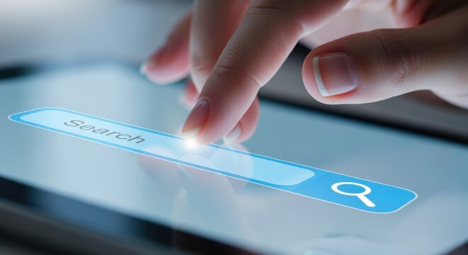Online Searching with Finger Touching Search Bar on Digital Tablet for Information or Web Browsing - Powered by Adobe