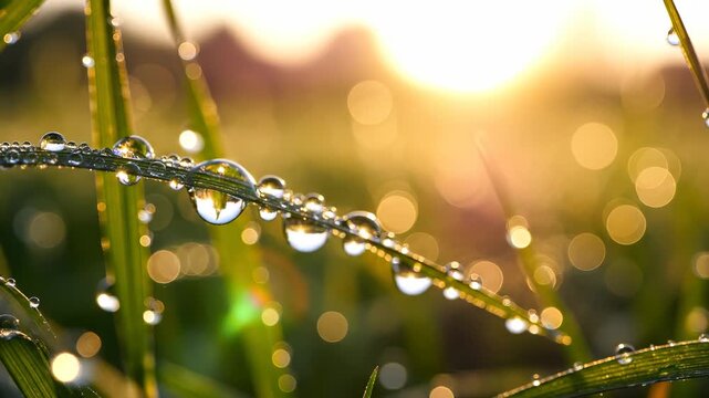 Morning dew glistens on blades of grass, capturing the soft light of the rising sun. This scene highlights the freshness and beauty of nature, emphasizing the dew's delicate presence.