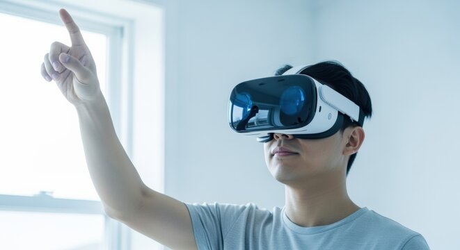 Young man experiencing virtual reality with VR headset, futuristic technology and innovative digital lifestyle - Powered by Adobe