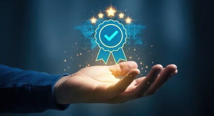 Hand presenting quality assurance certification with glowing stars, signifying excellence and guarantee for business services