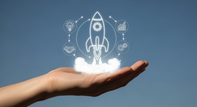 Hand Holding Digital Rocket Launching into Sky: Representing Business Startup, Innovation, and Growth