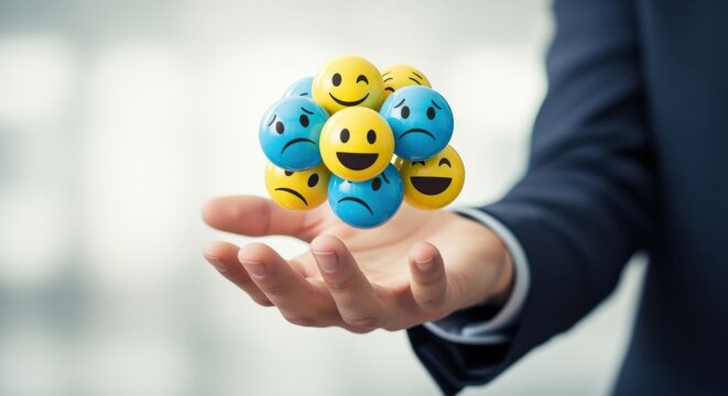 Hand Holding a Collection of Emotional Faces Representing Diverse Feelings and Customer Feedback - Powered by Adobe