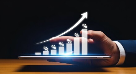Financial Growth Visualization: Businessman Holding Tablet Displaying Bar Graph with Increasing Percentage and Upward Arrow