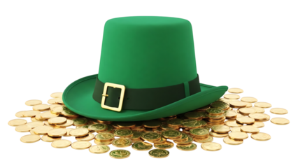 Vintage St Patrick's Day top hat in black felt fashion style featuring a gold coin accessory isolated as a classic Irish holiday headwear object