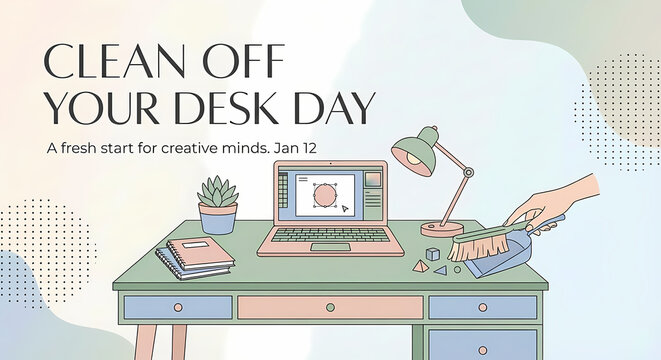 An illustration for clean Off Your Desk Day showing a hand sweeping a tidy desk with a laptop, plant, and lamp, promoting a fresh start.