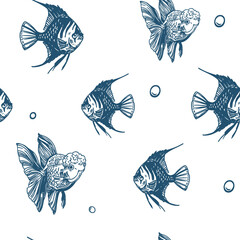 Aquarium fish, seamless pattern, angelfish, goldfish, vector monochrome illustration