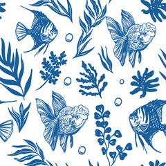 Aquarium fish, seamless pattern, angelfish, goldfish, vector monochrome illustration
