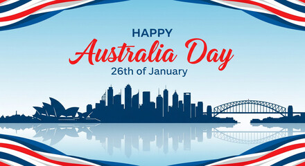Australia day banner design for 26 January. Happy Australia day with silhouettes of skyscrapers and famous Australian landmarks perfect for Australia Day poster, banner, car and social media posts