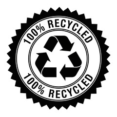 Classic black and white 100% recycled stamp vector illustration with triangular arrow symbol isolated on white background for eco-friendly product packaging.