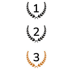 Set of three black laurel wreath vector icons with numbers one, two, and three isolated on white background, perfect for awards, rankings, and anniversary designs.