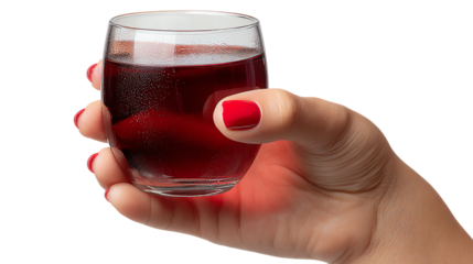 Elegant Pour: A refined hand delicately presents a glass of a rich, crimson beverage, creating a captivating visual narrative of sophistication and refreshment.