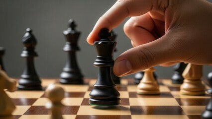 Hand holding Chess Piece Hand holding a King chess piece over a chessboard. Business strategy, leadership, management, and competitive advantage concept