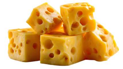 Golden Cheese Cubes: A close-up shot showcasing vibrant, golden-yellow cheese cubes, their intricate textures and unique holes, representing the finest dairy craftsmanship.