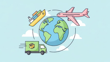 Fototapeta premium Global shipping and delivery concept with truck, airplane, and boat