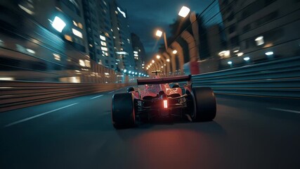 High-speed racing car on a city street at night with motion blur effects.