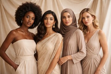 Fototapeta premium Diverse Group of Women Posing Together in Elegant Outfits Against a Neutral Background During a Themed Event for Fashion or Beauty