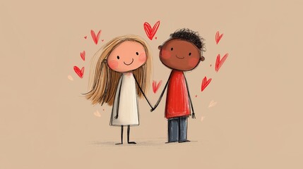 Happy cartoon couple showing love and affection. Smiling cartoon boy and girl with red hearts floating above them, depicting true love