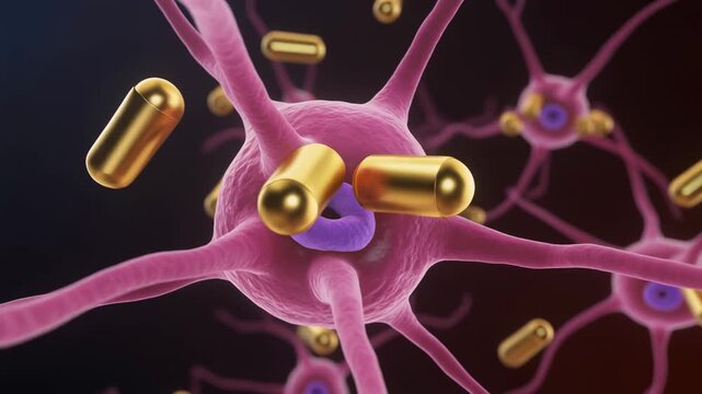Microscopic view of endorphin molecules interacting with opioid receptors on a neuron.