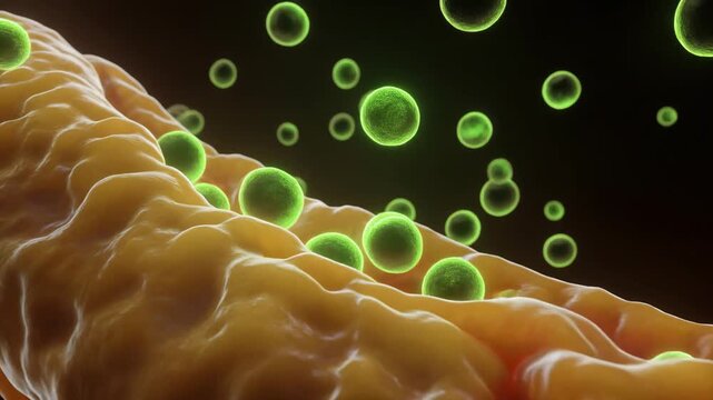 Microscopic view of glowing green leptin hormone molecules being released from adipose tissue.