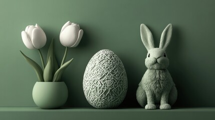 A set of modern minimalist Happy Easter graphics, isolated illustrations of a decorated egg, a tulip, and a bunny icon on a solid lime green background