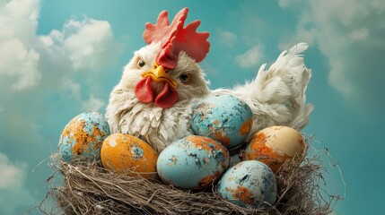 A humorous character illustration of a proud Happy Easter chicken sitting on a nest of oversized