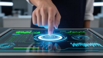 Hand pressing 'Start' Finger about to press a glowing 'Start' or 'Power' button on a futuristic interface. Launching new technology, digital transformation, and innovation