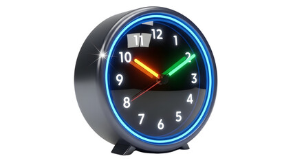Modern Digital Alarm Clock 3D Render with Glowing Blue Neon Ring, Orange and Green Hands