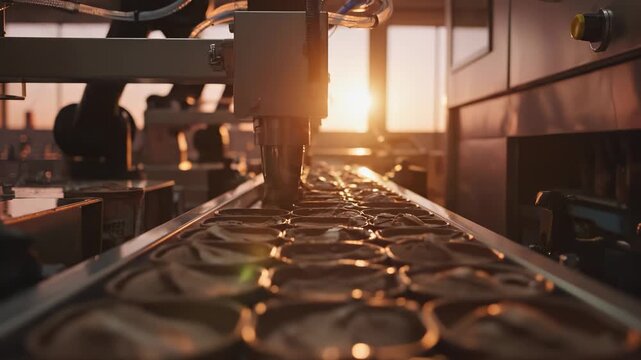 An automated machine fills ice cream containers as the sunset reflects through the factory windows. The ice cream containers and machine create a busy production scene filled with warmth.