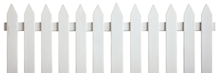 A white picket fence with pointed pickets, showcasing a classic and elegant exterior design element for residential properties and landscaping