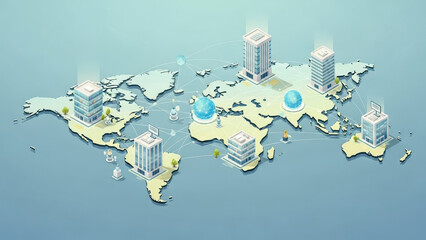 Global business network with connected modern office buildings and data hubs