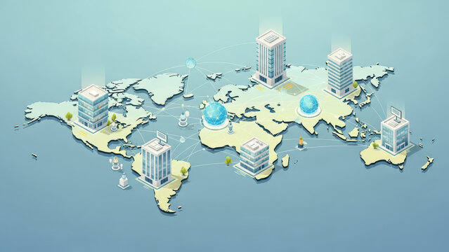 Global business network with connected modern office buildings and data hubs - Powered by Adobe