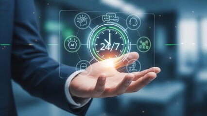 Closeup Businessman Hand holding a virtual interface showing 4 7 AI customer service icons, representing around-the-clock support, artificial intelligence and digital communication technology